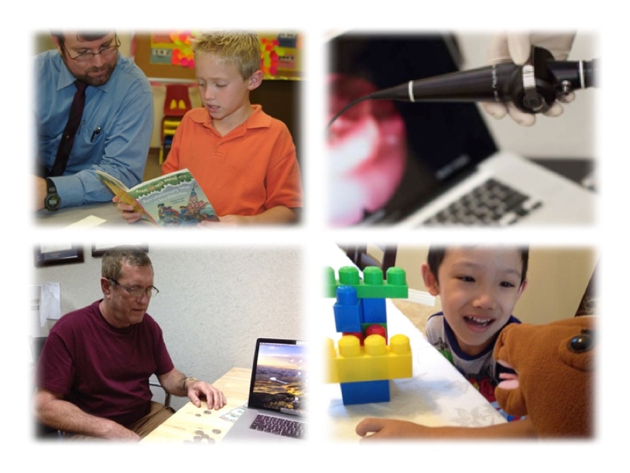 Male speech language pathologist with male child, Picture of a FEES endoscope, Older gentleman counting change, Young boy with therapist with puppet